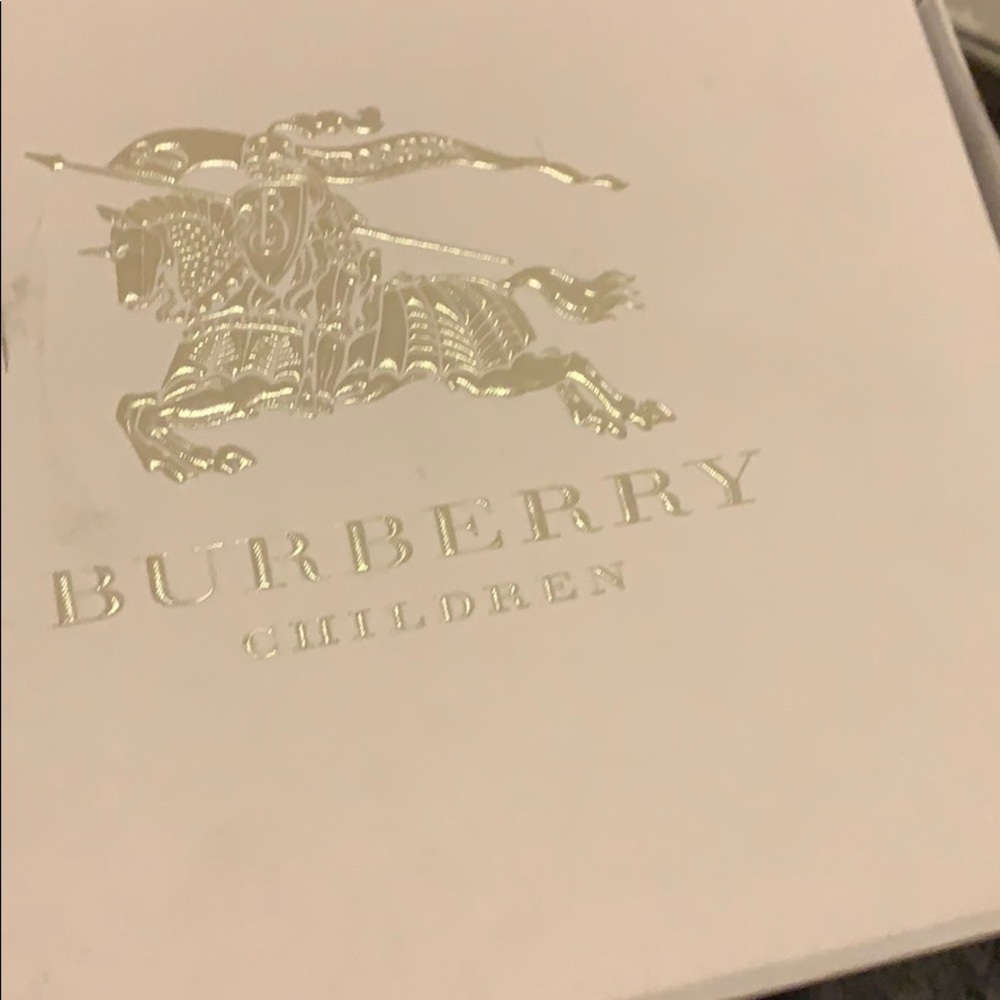 Burberry 3 piece onesie, bib, and hat set